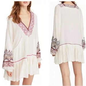 NWT Free People Wild One Embroidered Ivory Red Boho Mini Dress Tunic Size M